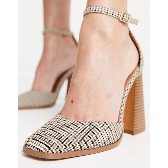 ASOS DESIGN Pyra Square Toe Block Chunky Heeled Shoes Heels Checkered Plaid - Picture 3 of 4